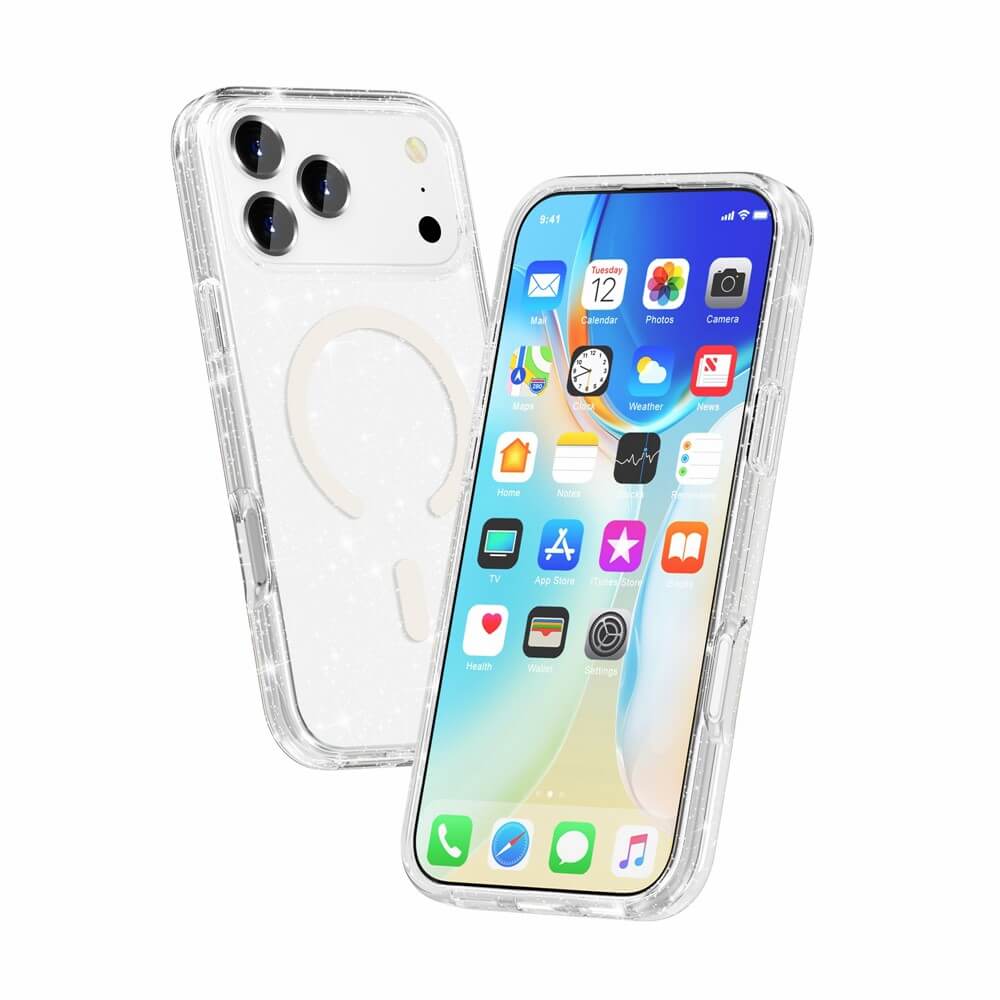 Das Cover-Discount iPhone 17 Pro Max - Glitzer Case mit MagSafe zeigt Display und Rückseite mit passgenauen Kameraausschnitten auf weißem Hintergrund.
