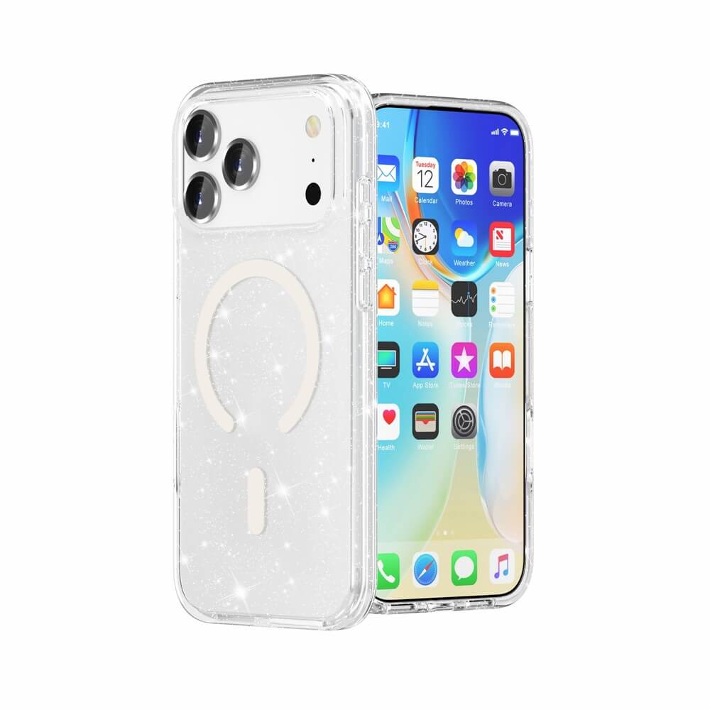 Das Cover-Discount iPhone 17 Pro Max - Glitzer Case mit MagSafe zeigt App-Icons durch das transparente, MagSafe-kompatible Design.