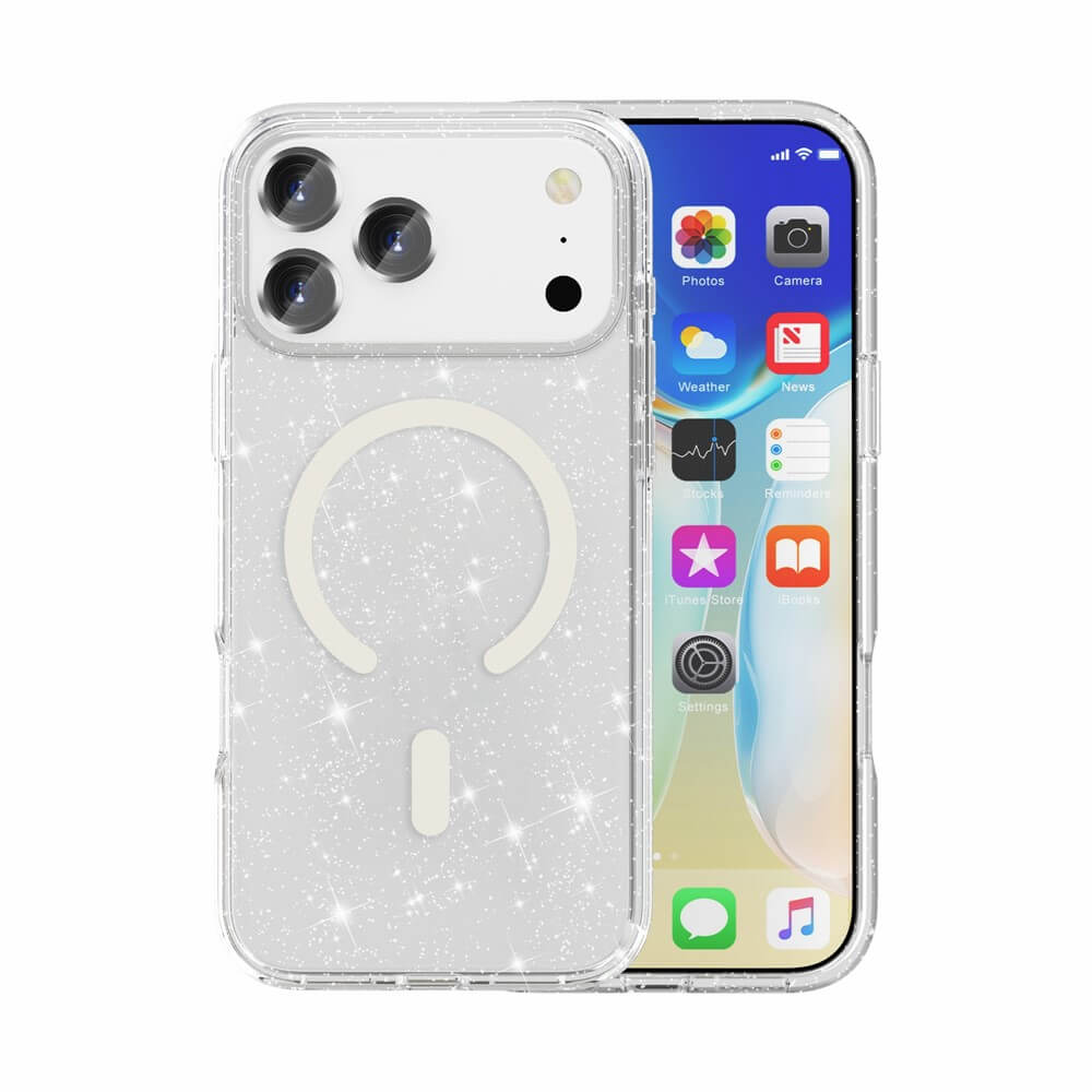 Zeigen Sie Ihr iPhone 17 Pro Max mit dem transparenten, glitzernden Cover-Discount Glitzer Case mit MagSafe-Schutz, der die Kamera und das Display hervorhebt.
