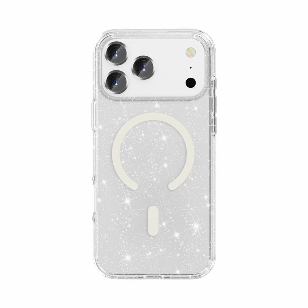 Das Cover-Discount iPhone 17 Pro Max - Glitzer Case mit MagSafe verfügt über ein klares, glitzerndes Design und einen MagSafe-kompatibler Ring, abgebildet auf einem iPhone 17 Pro Max mit drei Kameralinsen.