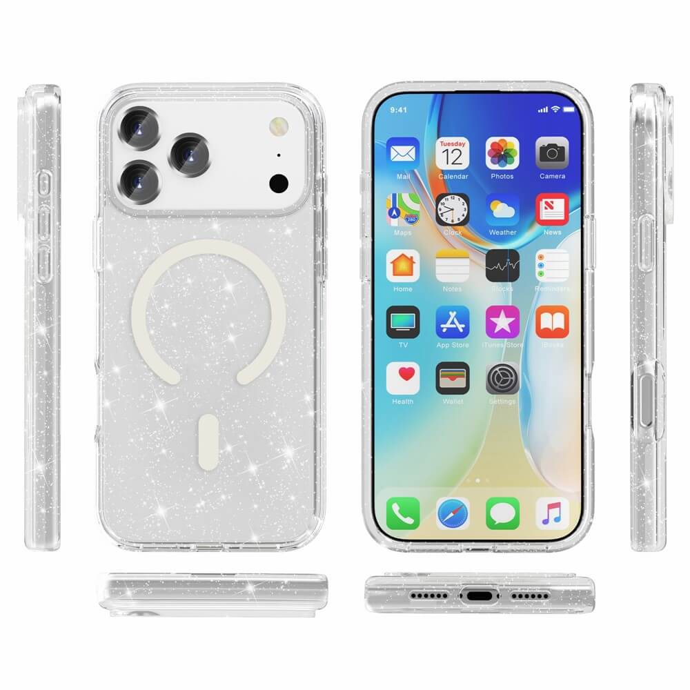 Das Cover-Discount iPhone 17 Pro Max - Glitzer Case mit MagSafe zeichnet sich durch ein klares, glitzerndes Design und einen MagSafe kompatiblen Ring aus, der das iPhone aus verschiedenen Blickwinkeln zeigt.