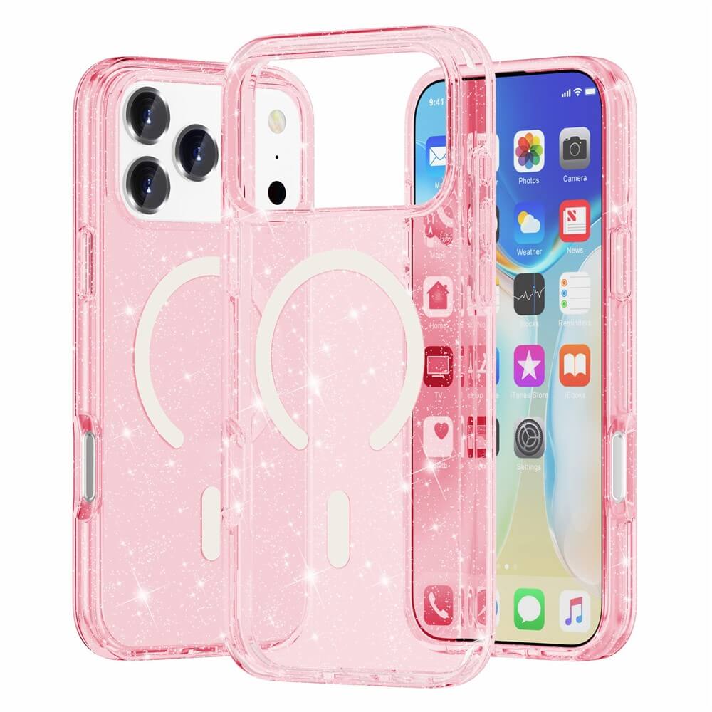 Drei Cover-Discount iPhone 17 Pro Max Glitzer Cases mit MagSafe in rosa Glitzer sind mit und ohne Telefon abgebildet - sie passen perfekt zum Gerät.