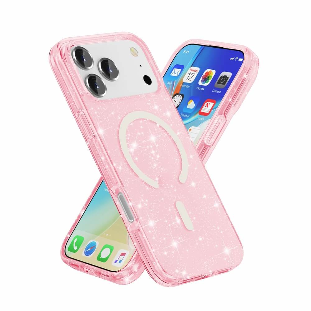 Zwei iPhone 17 Pro Max Smartphones in rosafarbenen Glitzer Cases mit MagSafe von Cover-Discount kreuzen sich in einem X und zeigen die Vorder- und Rückseite.