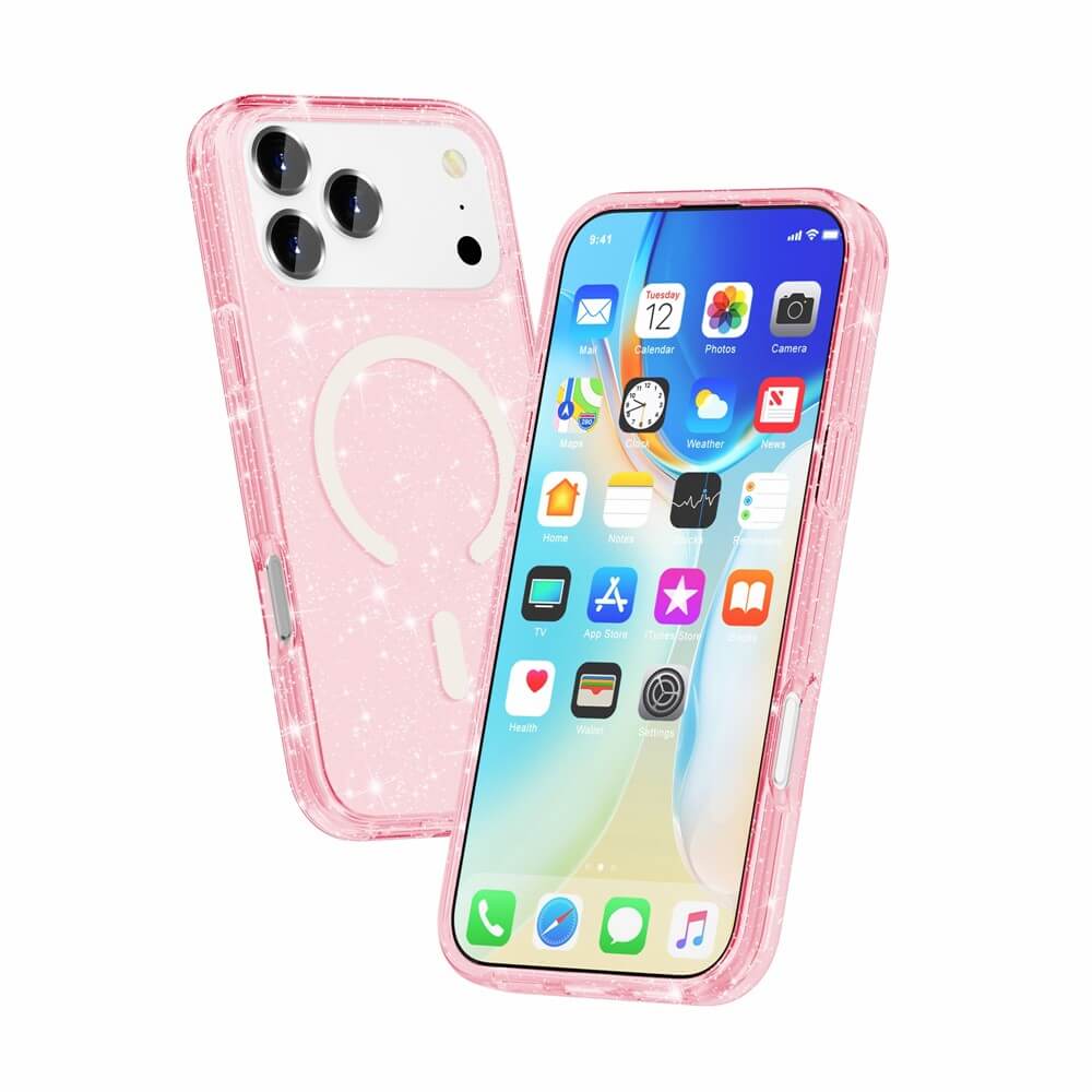 Das Cover-Discount iPhone 17 Pro Max - Glitzer Case mit MagSafe in pinkem Glitzer ist mit und ohne Telefon im Inneren abgebildet und zeigt die präzisen Ausschnitte für Bildschirm und Kamera.