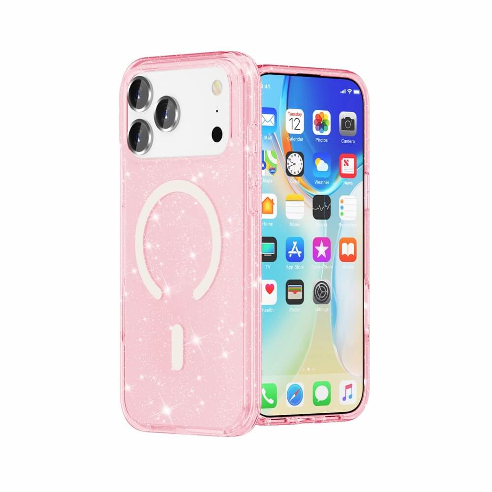 Das Cover-Discount iPhone 17 Pro Max - Glitzer Case mit MagSafe überzeugt mit funkelndem pinken Glitzer, passgenau gezeigt am Gerät inklusive sichtbarem Homescreen.