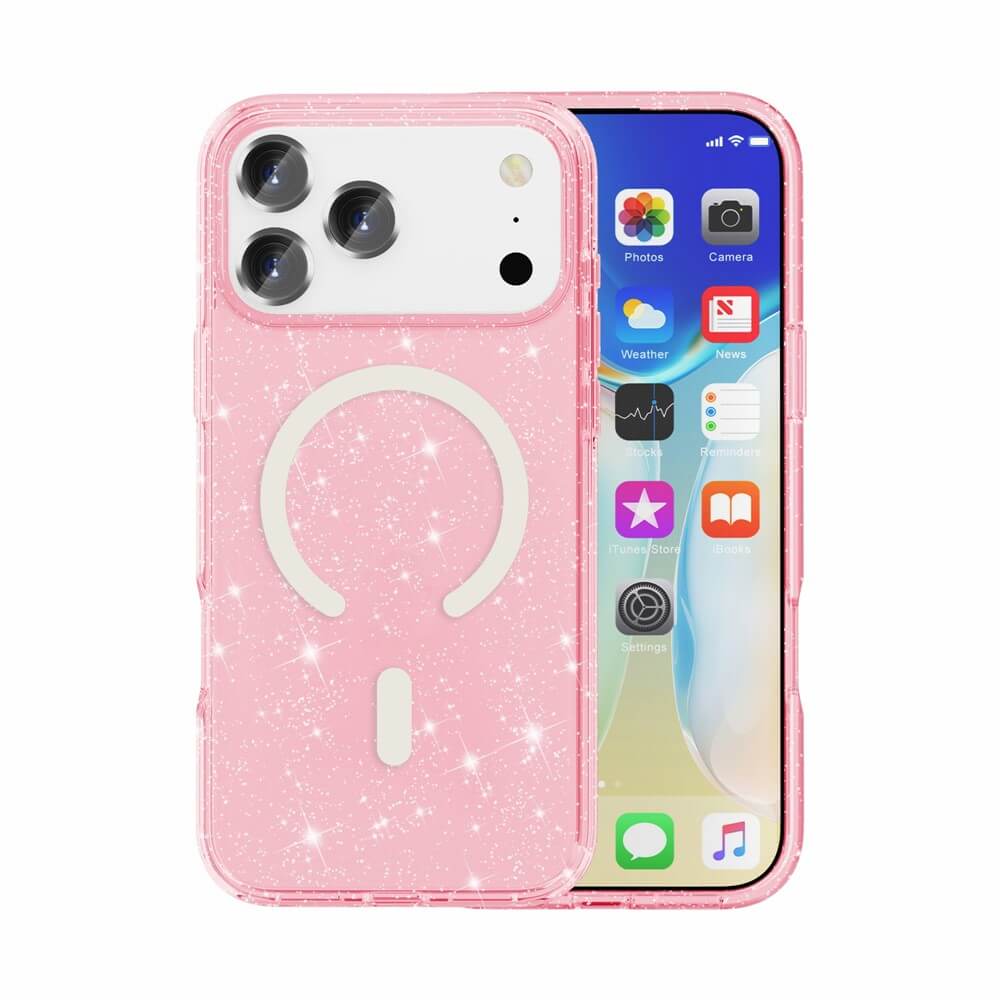 Ein rosafarbenes Cover-Discount Glitzer Case mit MagSafe mit weißem Ring funkelt auf einem iPhone 17 Pro Max, zeigt den Homescreen und sorgt für perfekte MagSafe-Kompatibilität.