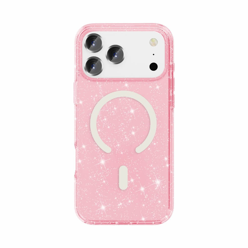Das Cover-Discount iPhone 17 Pro Max - Glitzer Case mit MagSafe ist kompatibel mit dem iPhone 17 Pro Max und wird auf einem Smartphone mit drei Kamera-Linsen angezeigt.