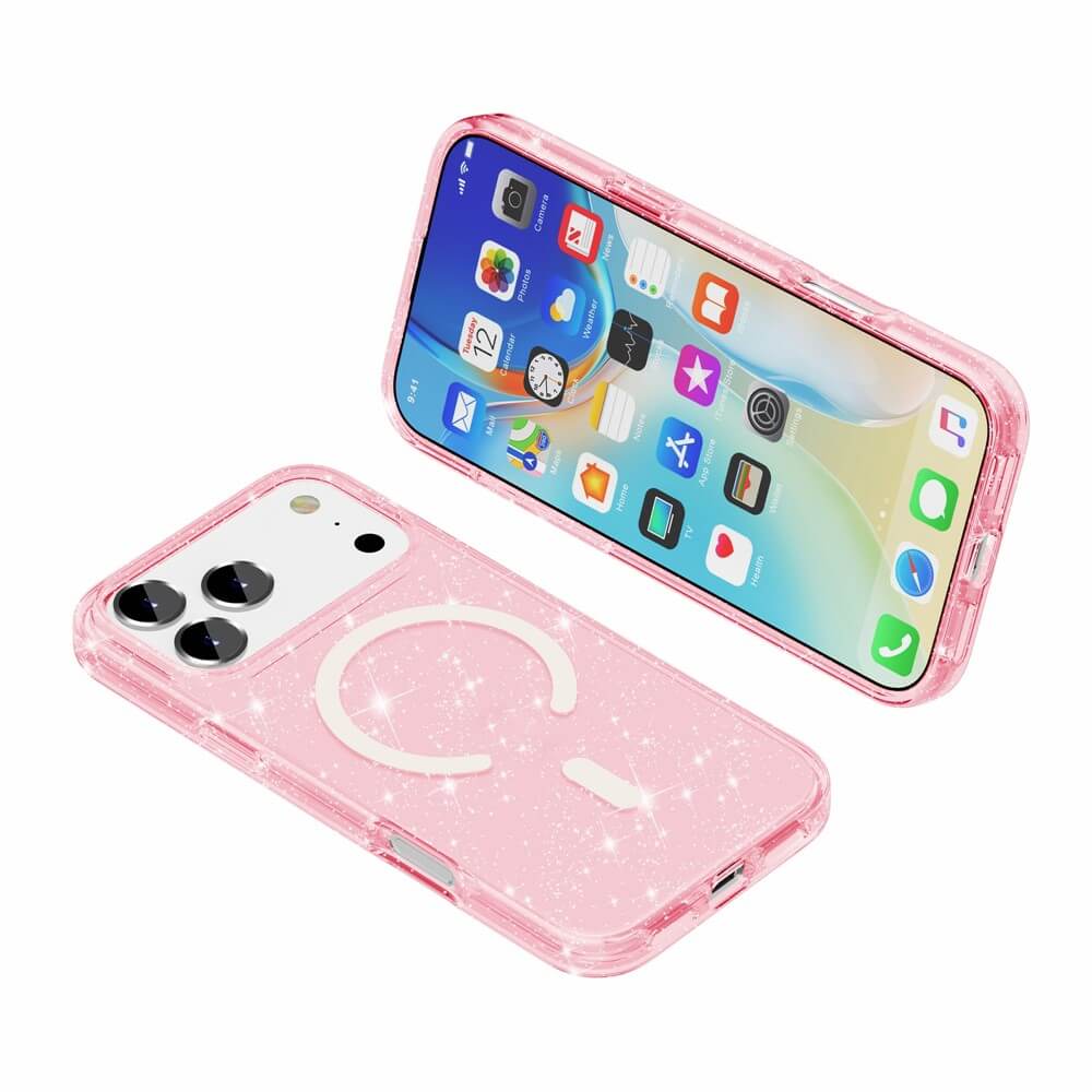 Zwei iPhone 17 Pro Max von Cover-Discount im Glitzer Case mit MagSafe - das eine zeigt die glitzernde rosa Rückseite, das andere den leuchtenden Bildschirm.