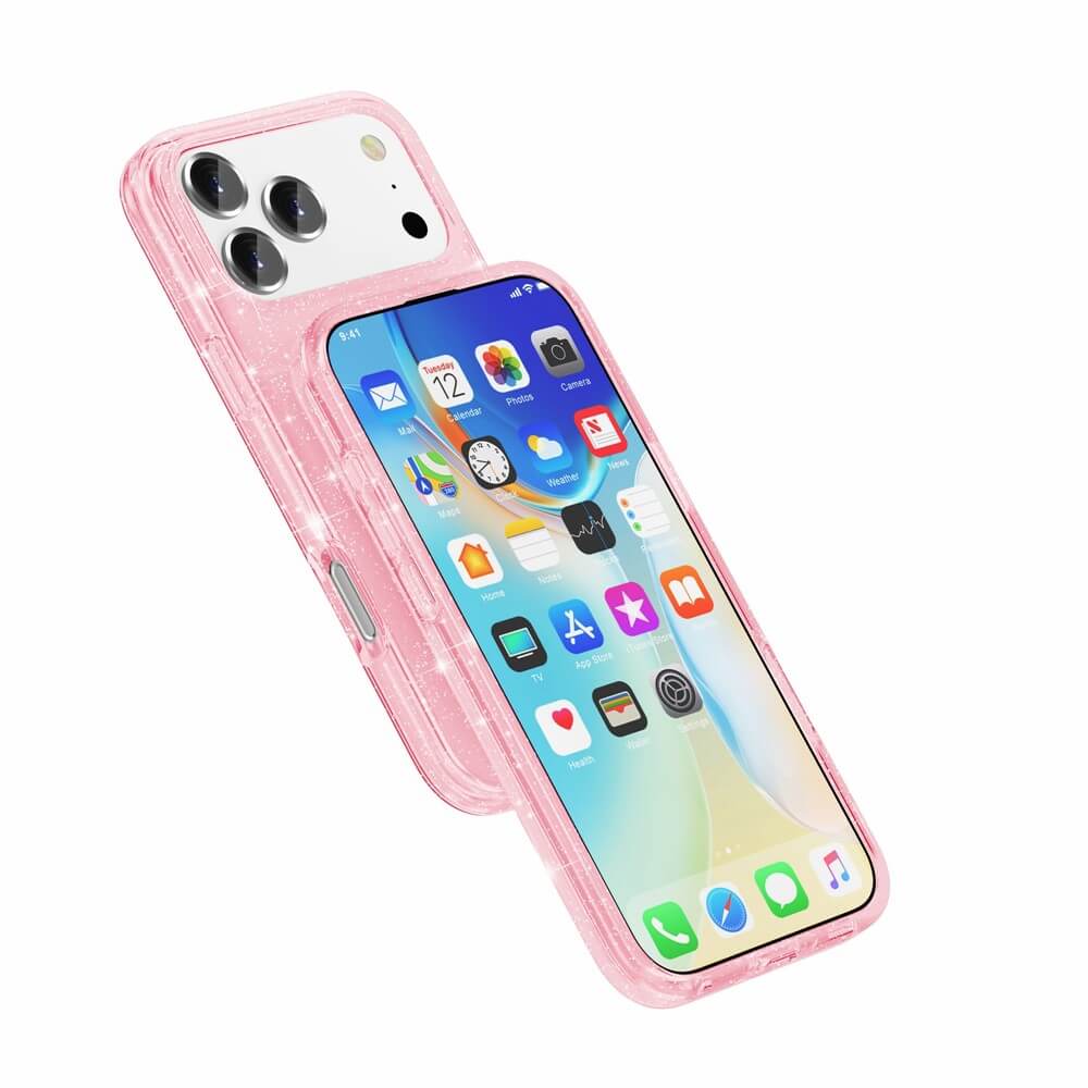 Das iPhone 17 Pro Max - Glitzer Case mit MagSafe von Cover-Discount in klarem Pink zeigt Home-Bildschirm und Kamera auf weißem Hintergrund.