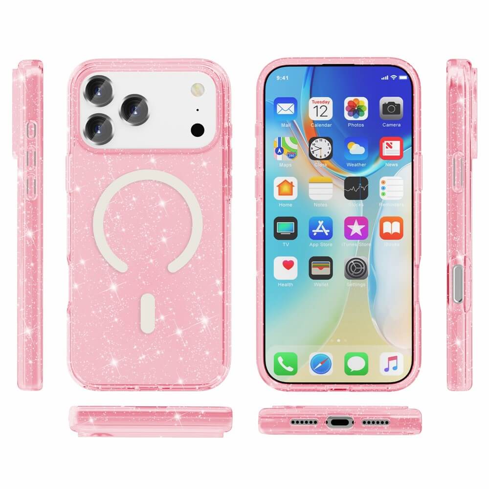 Das iPhone 17 Pro Max - Glitzer Case mit MagSafe von Cover-Discount wird aus verschiedenen Blickwinkeln gezeigt: vorne, hinten, seitlich sowie oben und unten.