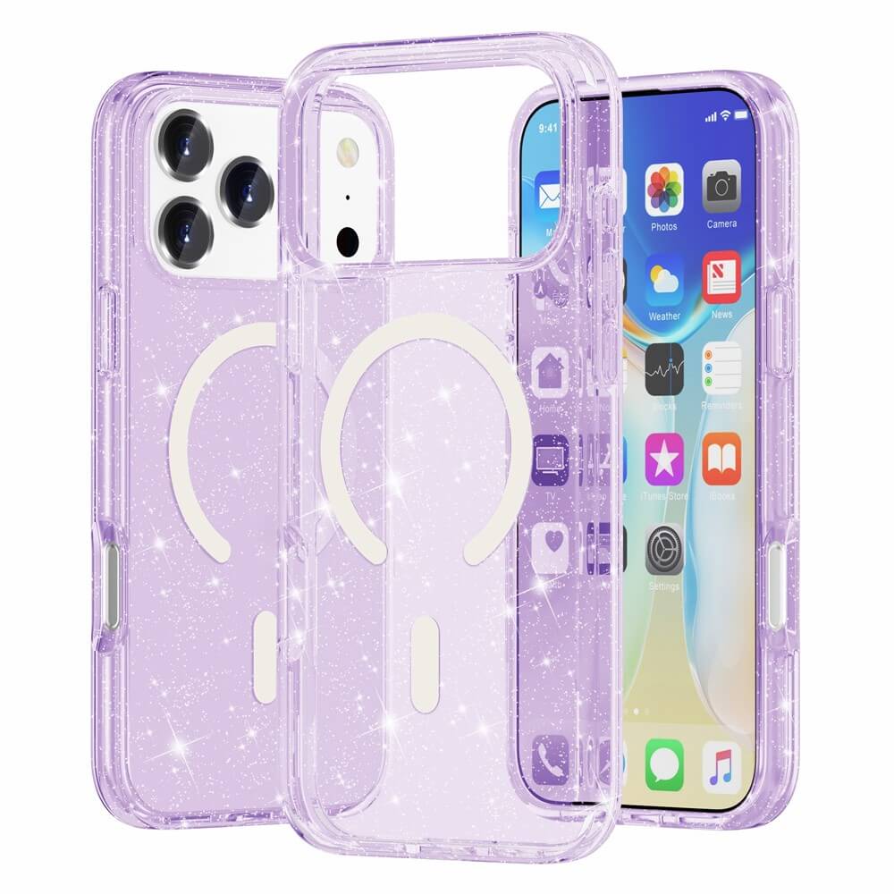 Zwei Cover-Discount iPhone 17 Pro Max Glitzer Cases mit MagSafe in Lila, gezeigt mit und ohne Handy.
