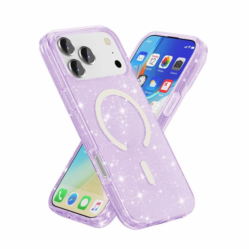 Zwei Cover-Discount iPhone 17 Pro Max Telefone in glitzerndem lila Glitzer Case mit MagSafe, MagSafe kompatibel, sind vorne und hinten auf einem weißen Hintergrund abgebildet.