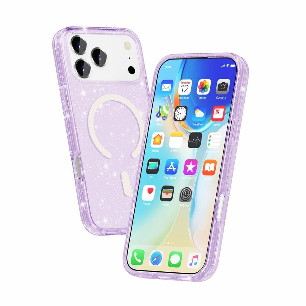 The Cover-Discount Glitzer Case mit MagSafe für iPhone 17 Pro Max in Lila mit Glitzer schützt dein Smartphone, während App-Icons auf dem Display sichtbar bleiben.