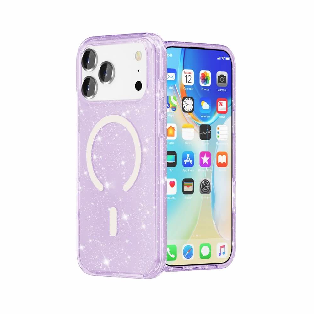 Zwei iPhone 17 Pro Max von Cover-Discount, mit einer Vorder- und einer Rückansicht, beide in Glitzer Case mit MagSafe und weißem Ladesymbol.