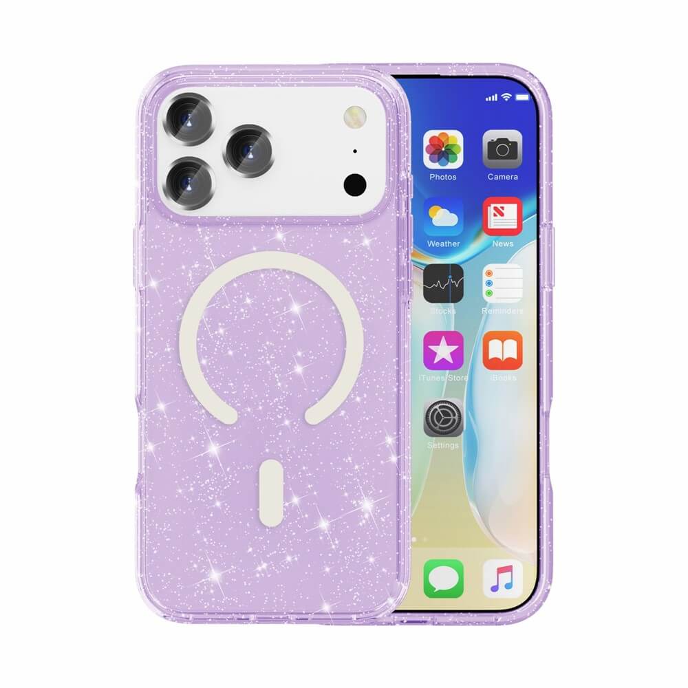 Das Cover-Discount iPhone 17 Pro Max Glitzer Case mit MagSafe in funkelndem Lila mit weißem MagSafe-Ring leuchtet auf dem Homescreen des Telefons.