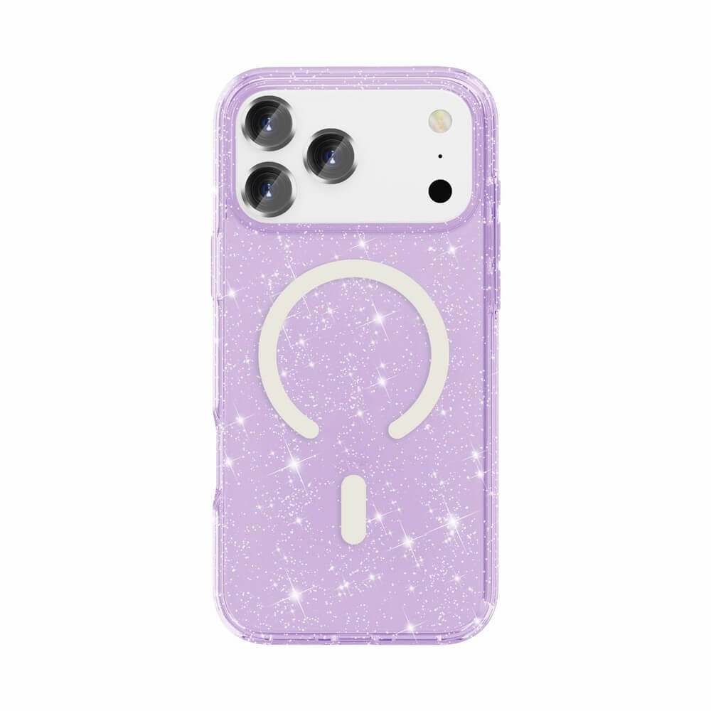 Das iPhone 17 Pro Max - Glitzer Case mit MagSafe von Cover-Discount in Lila verfügt über einen eleganten weißen MagSafe-Ring, der für Telefone mit drei Kameralinsen konzipiert ist.