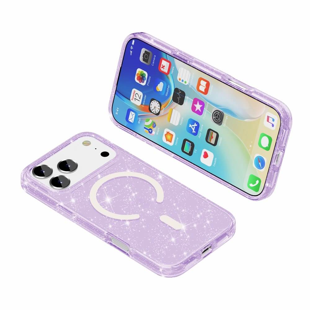 Zwei iPhone 17 Pro Max von Cover-Discount in lila Glitzer Case mit MagSafe: eines zeigt die Vorderseite, das andere das funkelnde Rückseitendesign.
