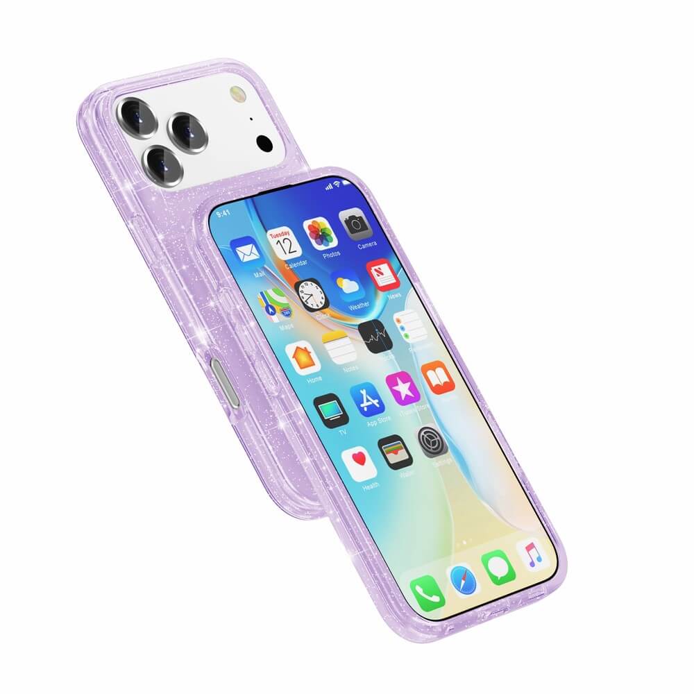 Das Cover-Discount iPhone 17 Pro Max Glitzer Case mit MagSafe in leuchtendem Lila schützt das farbenfrohe Display und die Triple-Kamera des Smartphones.