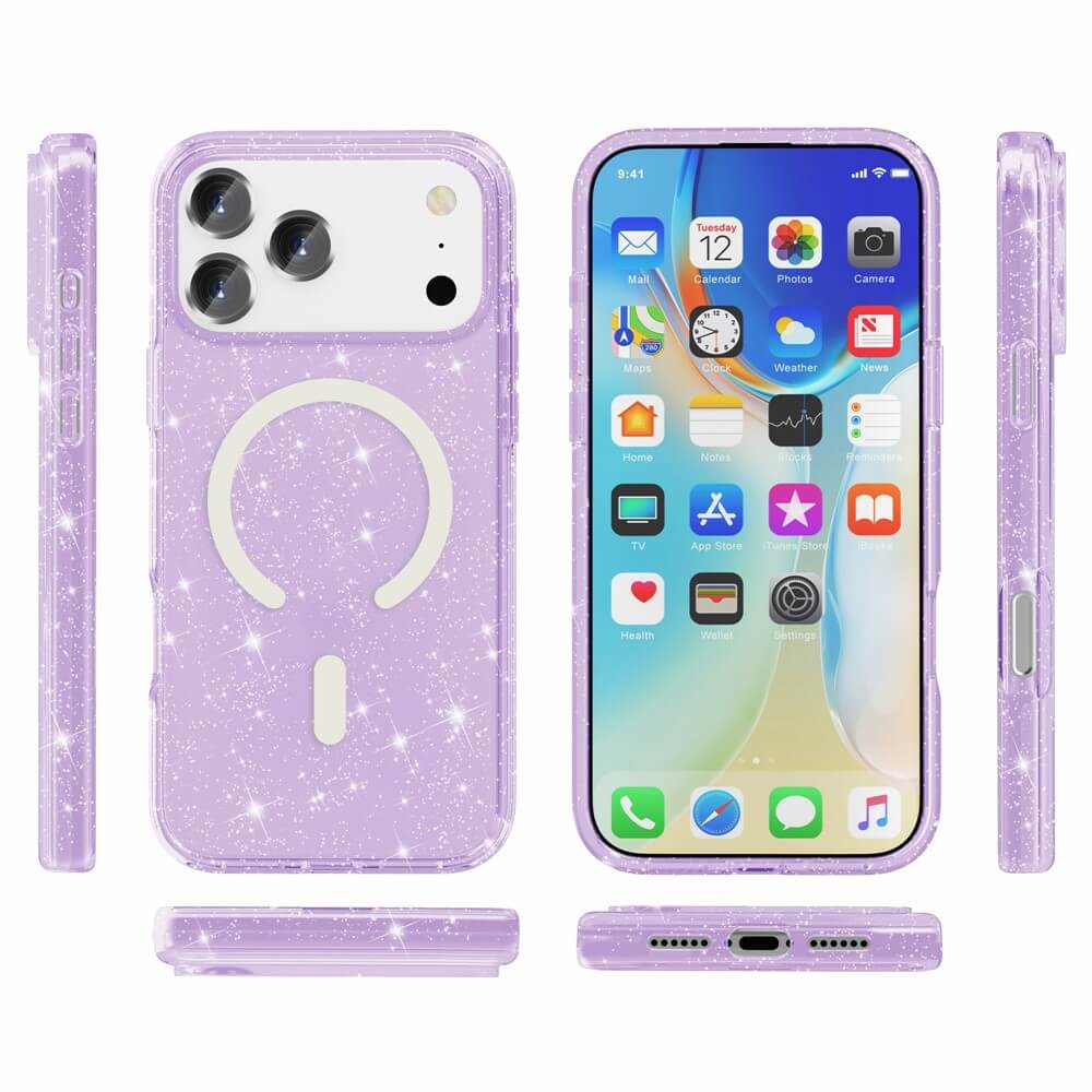 Cover-Discount's iPhone 17 Pro Max - Glitzer Case mit MagSafe, abgebildet in funkelndem Lavendel mit integriertem MagSafe-kompatiblen Ring, dargestellt aus mehreren Blickwinkeln mit eingelegtem Telefon.