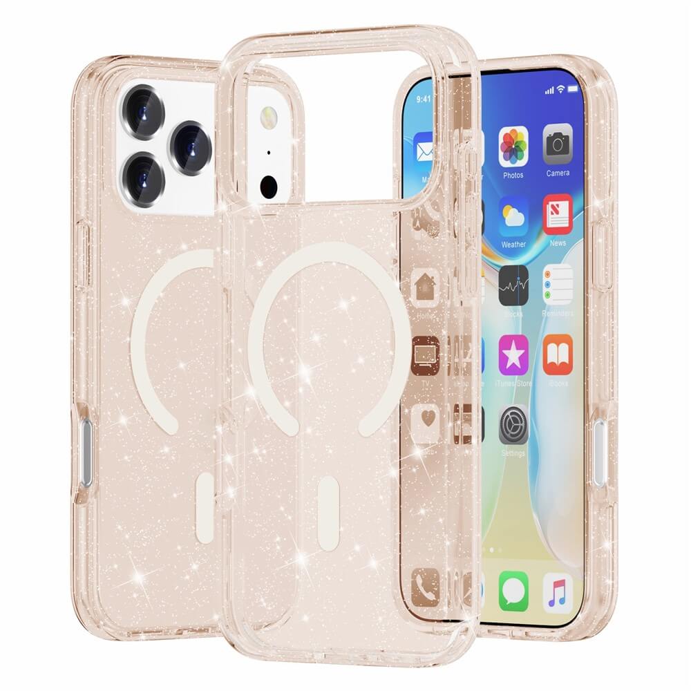 Zwei Cover-Discount iPhone 17 Pro Max Glitzer Cases mit MagSafe zeigen Front- und Rückdesigns, inkl. kompatibler Ringe.