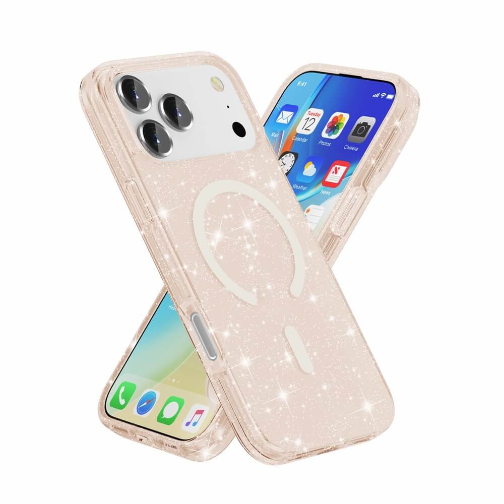 Zwei iPhone 17 Pro Max Geräte mit dem Glitzer Case mit MagSafe von Cover-Discount sind gekreuzt und zeigen ihre Bildschirme und glitzernden transparenten Rückseiten. Diese Hüllen sorgen für Glanz und lassen das elegante Design Ihres Telefons zur Geltung kommen.