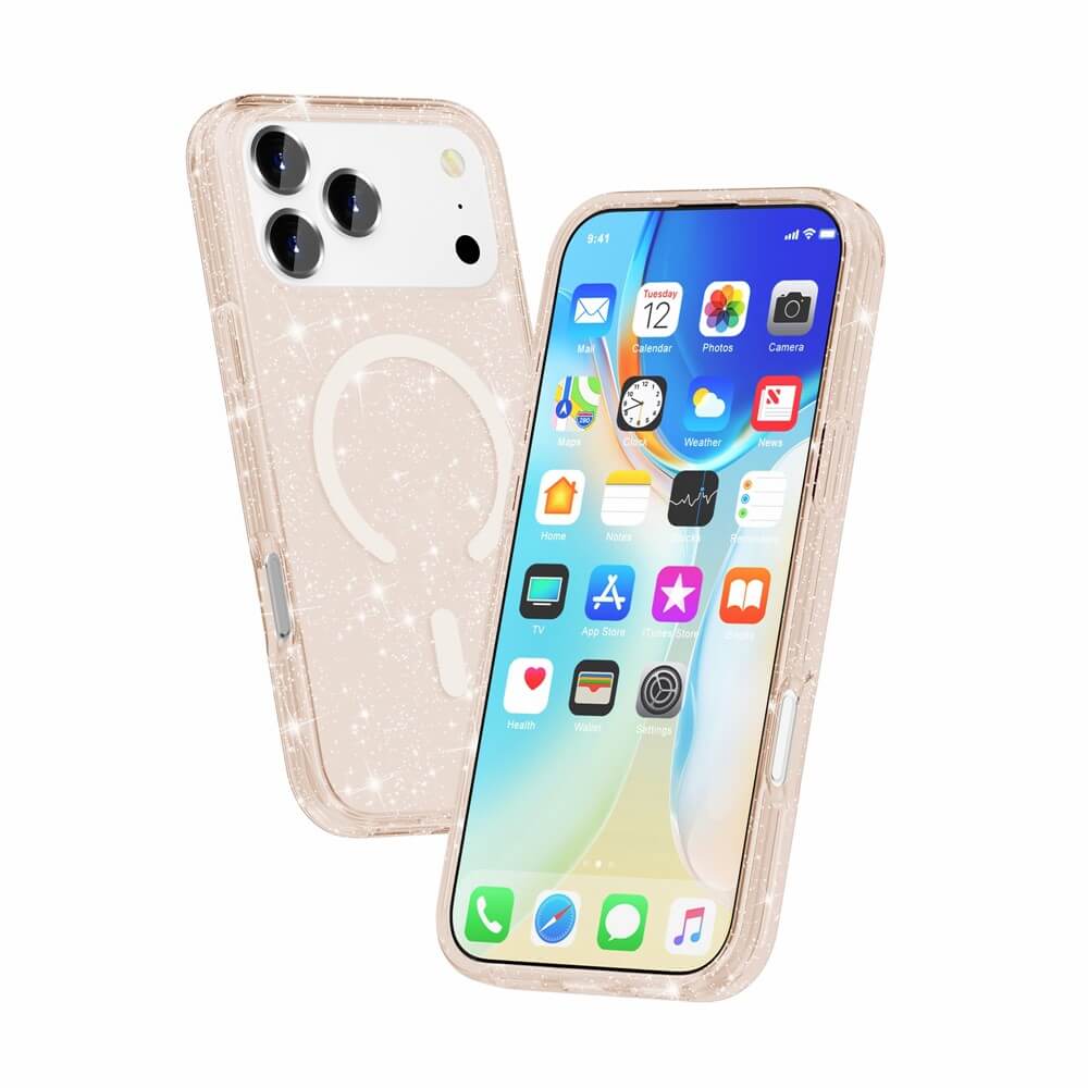 Die Cover-Discount iPhone 17 Pro Max Glitzer Case mit MagSafe: funkelndes Design, kompatibel mit MagSafe, präsentiert am und neben dem Gerät mit lebendigem Homescreen.