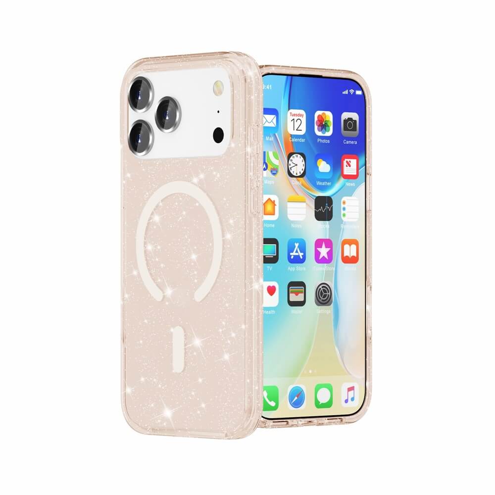 Das iPhone 17 Pro Max - Glitzer Case mit MagSafe von Cover-Discount ist eine funkelnde, hellrosa Hülle, kompatibel mit MagSafe und auf einem Gerät mit App-Symbolen angezeigt.