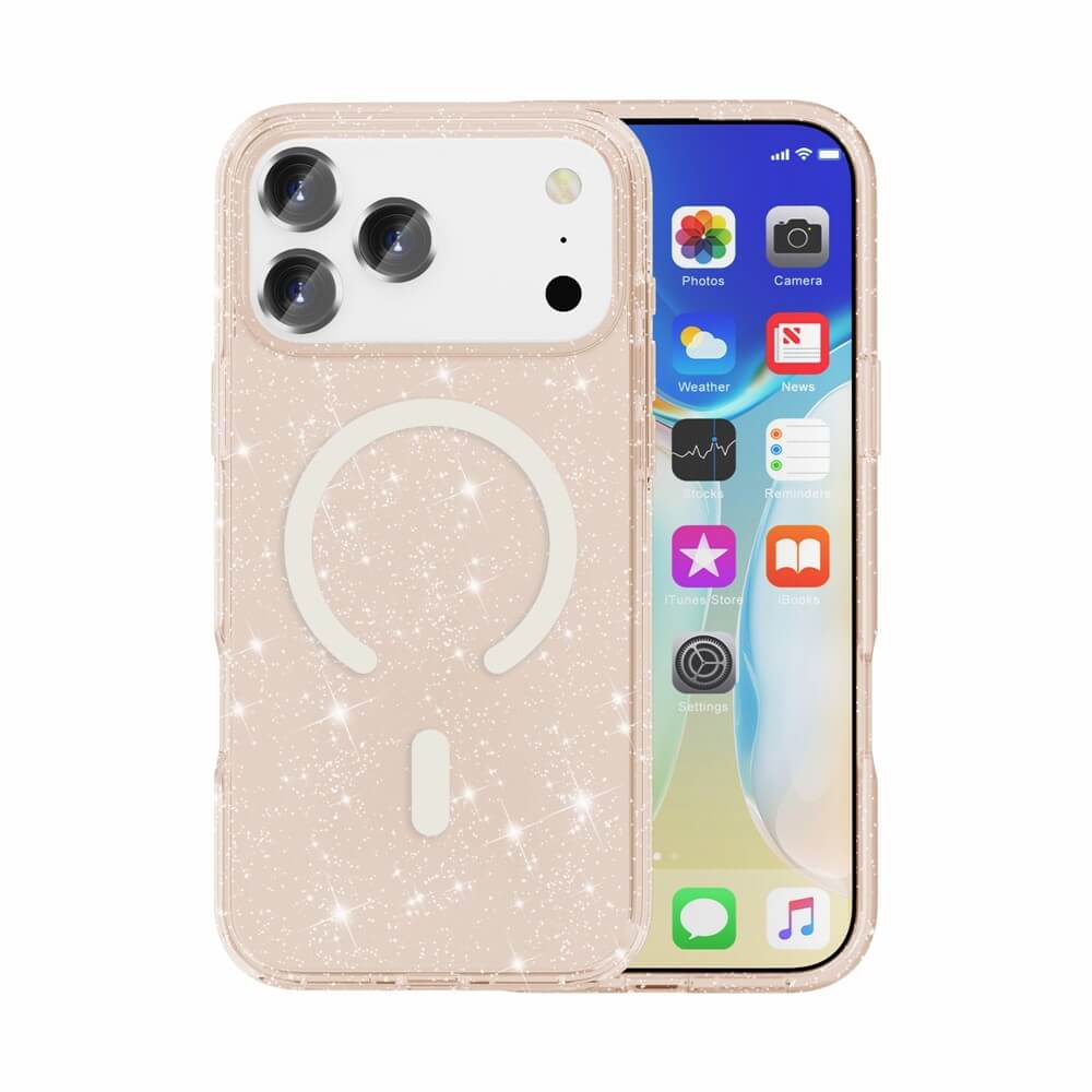 Das Cover-Discount iPhone 17 Pro Max - Glitzer Case mit MagSafe zeichnet sich durch ein glitzerndes, halbtransparentes beigefarbenes Design und ein kreisförmiges MagSafe-kompatibles Muster auf der Rückseite aus.
