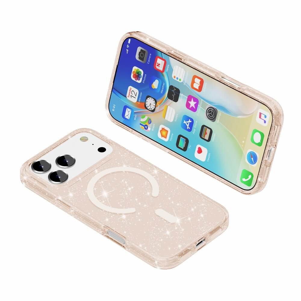 Zwei Cover-Discount iPhone 17 Pro Max - Glitzer Case mit MagSafe: eines zeigt den Bildschirm, das andere die funkelnde Rückseite und Kamera. MagSafe kompatibel für einfaches Laden und stilvollen Schutz.