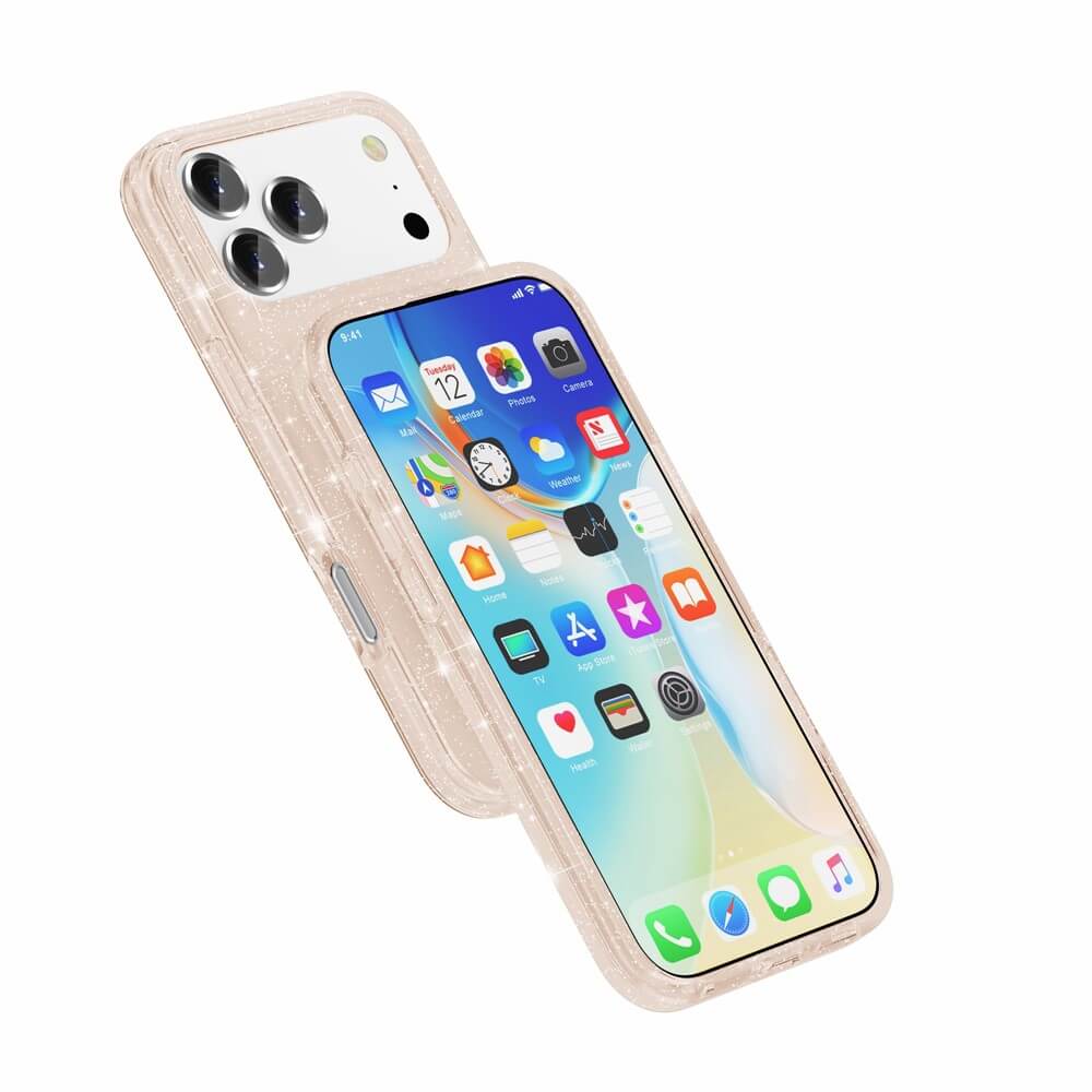 Das Cover-Discount iPhone 17 Pro Max - Glitzer Case mit MagSafe schützt stilvoll, zeigt dank transparentem Design die Home-Screen-App-Icons und sorgt mit funkelndem Effekt für einen eleganten Auftritt.