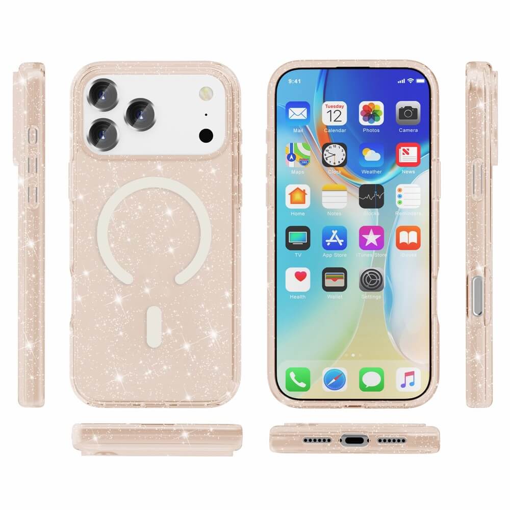 Das Cover-Discount iPhone 17 Pro Max - Glitzer Case mit MagSafe in Gold wird von vorne, hinten und von den Seiten gezeigt.
