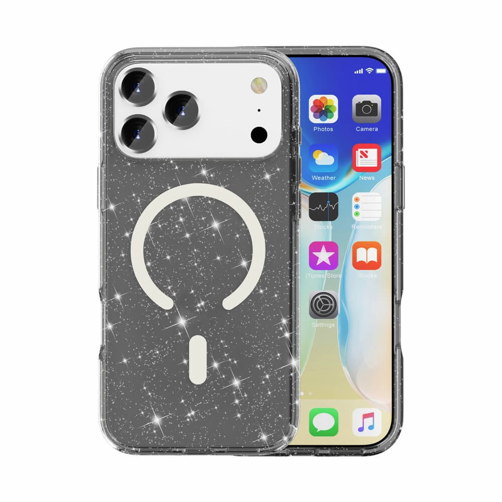 #farbe_schwarz|Das Cover-Discount iPhone 17 Pro Glitzer Case mit MagSafe verfügt über ein glitzerndes, transparentes Design mit einem großen Glühbirnen-Symbol - stilvoll und perfekt für die einfache Verwendung von MagSafe-Zubehör.