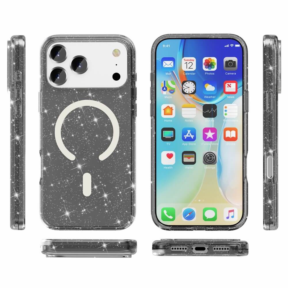 #farbe_schwarz|Die Cover-Discount iPhone 17 Pro Glitzer Case mit MagSafe wird von vorne, hinten, an den Seiten und unten gezeigt.