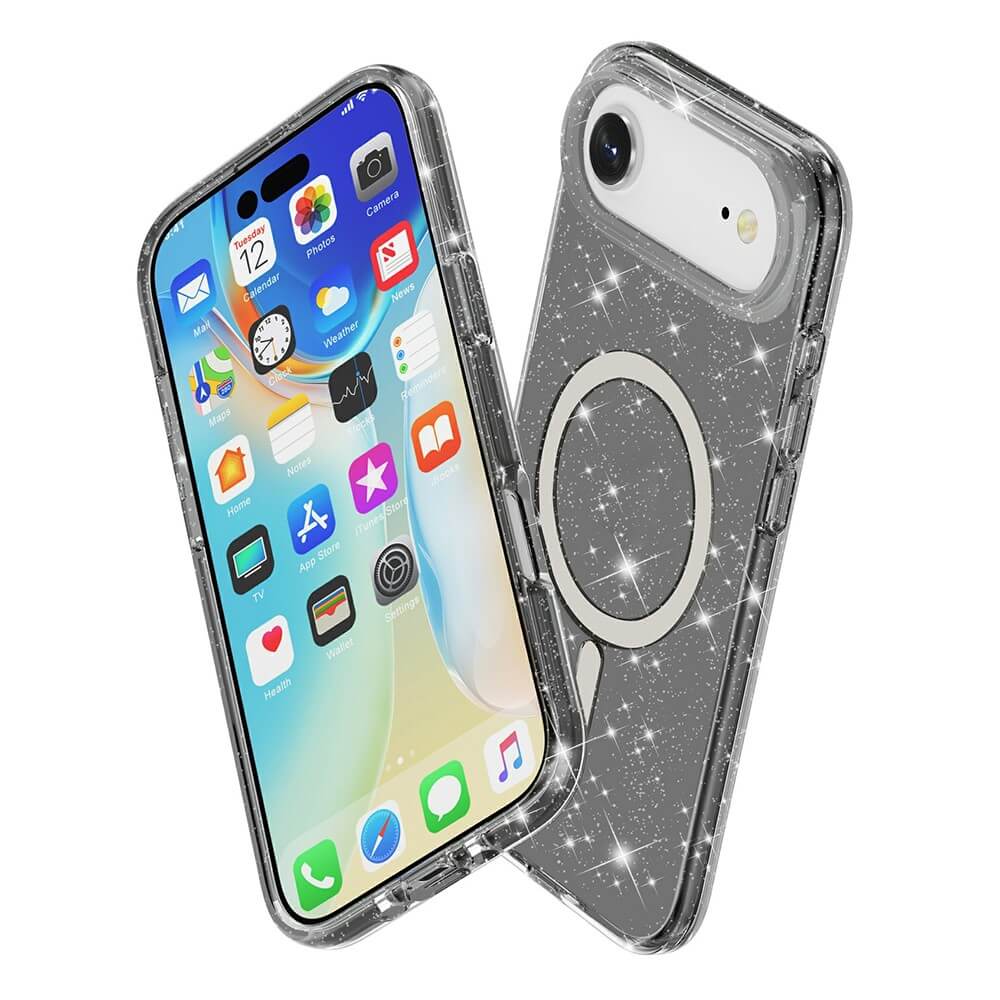 #farbe_schwarz|Zwei iPhone 17 Air Telefone im Cover-Discount Glitzer Case mit MagSafe-eines zeigt den Startbildschirm, das andere hebt die glitzernde Gehäuserückseite hervor.