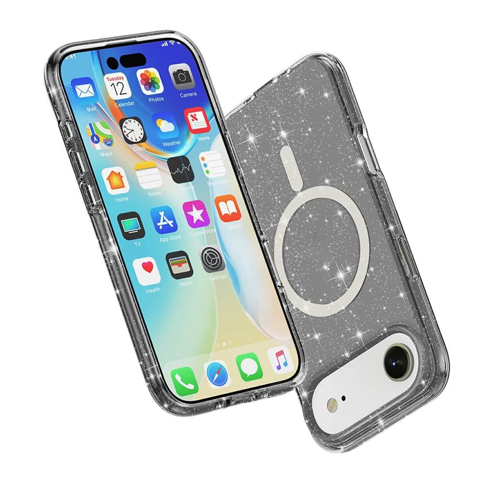 #farbe_schwarz|Zwei Cover-Discount iPhone 17 Air - Glitzer Case mit MagSafe: eines zeigt den Homescreen, das andere den MagSafe kompatiblen Ring auf der Rückseite-idealer Schutz für Ihr iPhone 17 Air.
