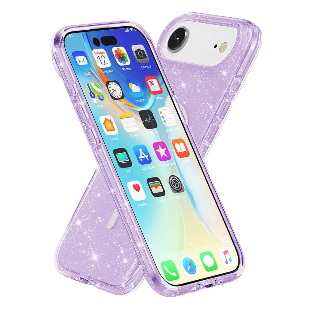 Zwei iPhone 17 Air Smartphones mit dem Glitzer Case von Cover-Discount mit MagSafe - eines mit der Vorderseite, eines mit der Rückseite. Beide Hüllen unterstützen MagSafe für nahtlose Konnektivität.