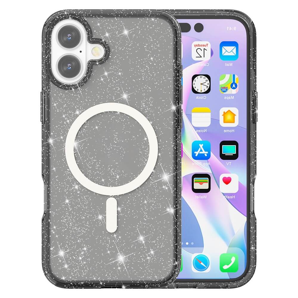 #farbe_schwarz|Das iPhone 17 - Glitzer Case mit MagSafe von Cover-Discount funkelt und bietet ein kreisförmiges MagSafe-Design auf der Rückseite, für sicheres kabelloses Laden und stilvollen Schutz.