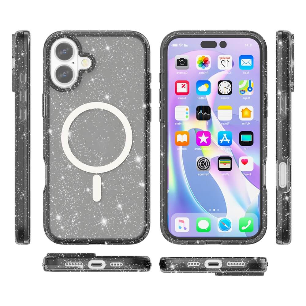 #farbe_schwarz|Die Cover-Discount iPhone 17 - Glitzer Case mit MagSafe ist eine transparente Hülle mit funkelndem Design und MagSafe-Ring, aus verschiedenen Blickwinkeln sowie Vorder- und Rückseite gezeigt.