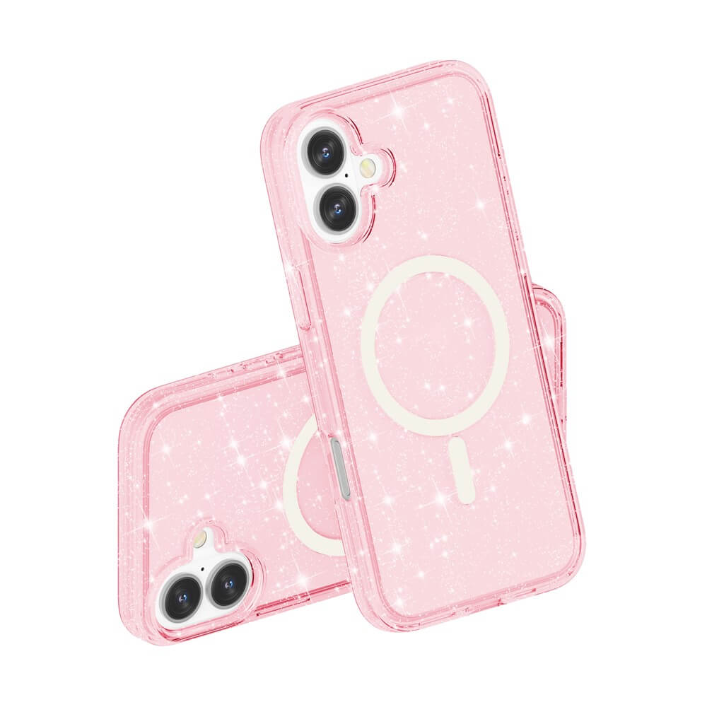 Zwei rosafarbene Cover-Discount iPhone 17 - Glitzer Case mit MagSafe Hüllen sind vor einem weißen Hintergrund übereinander gestapelt.