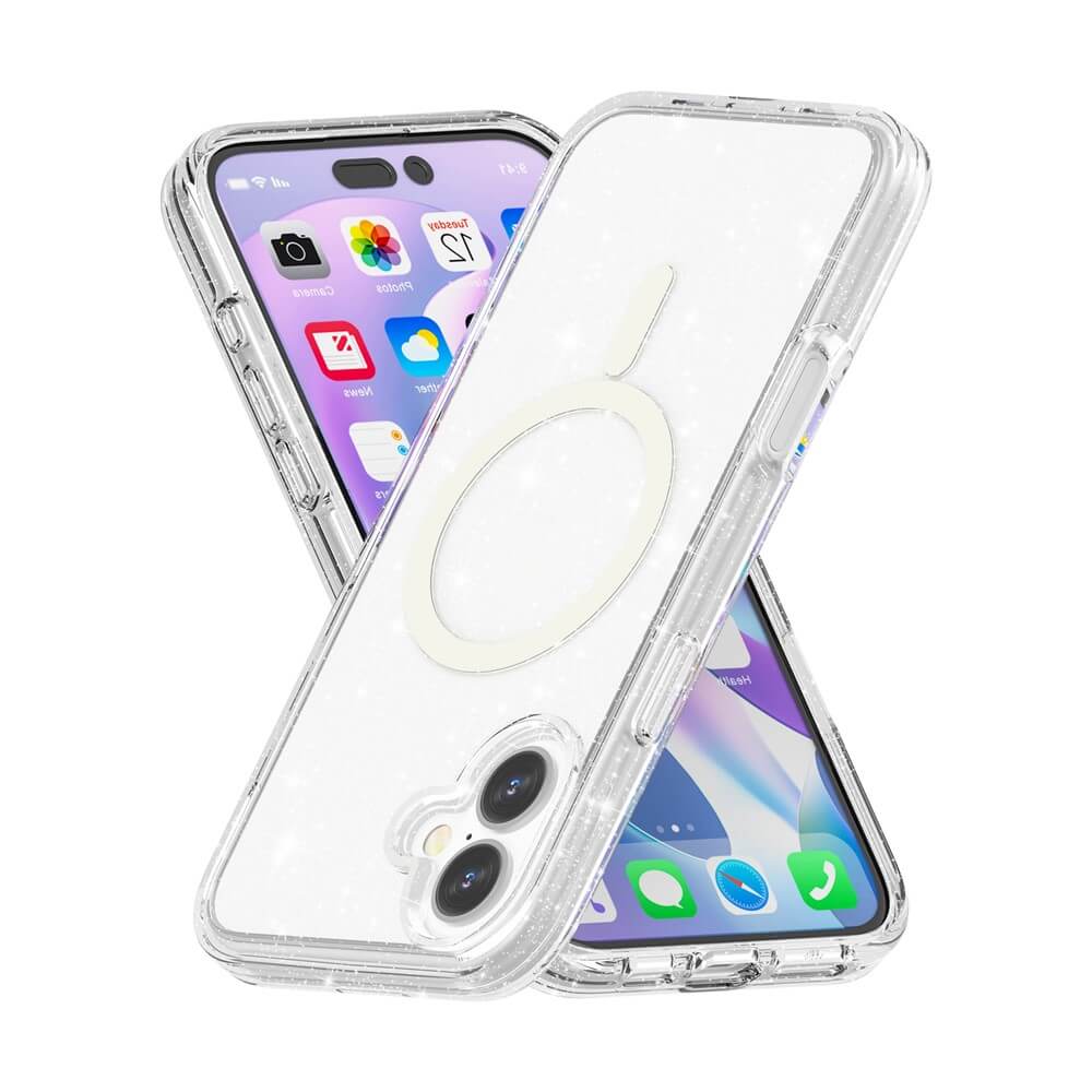 Zwei Cover-Discount iPhone 17 - Glitzer Case mit MagSafe Geräten, dargestellt in einer Kreuzdarstellung.