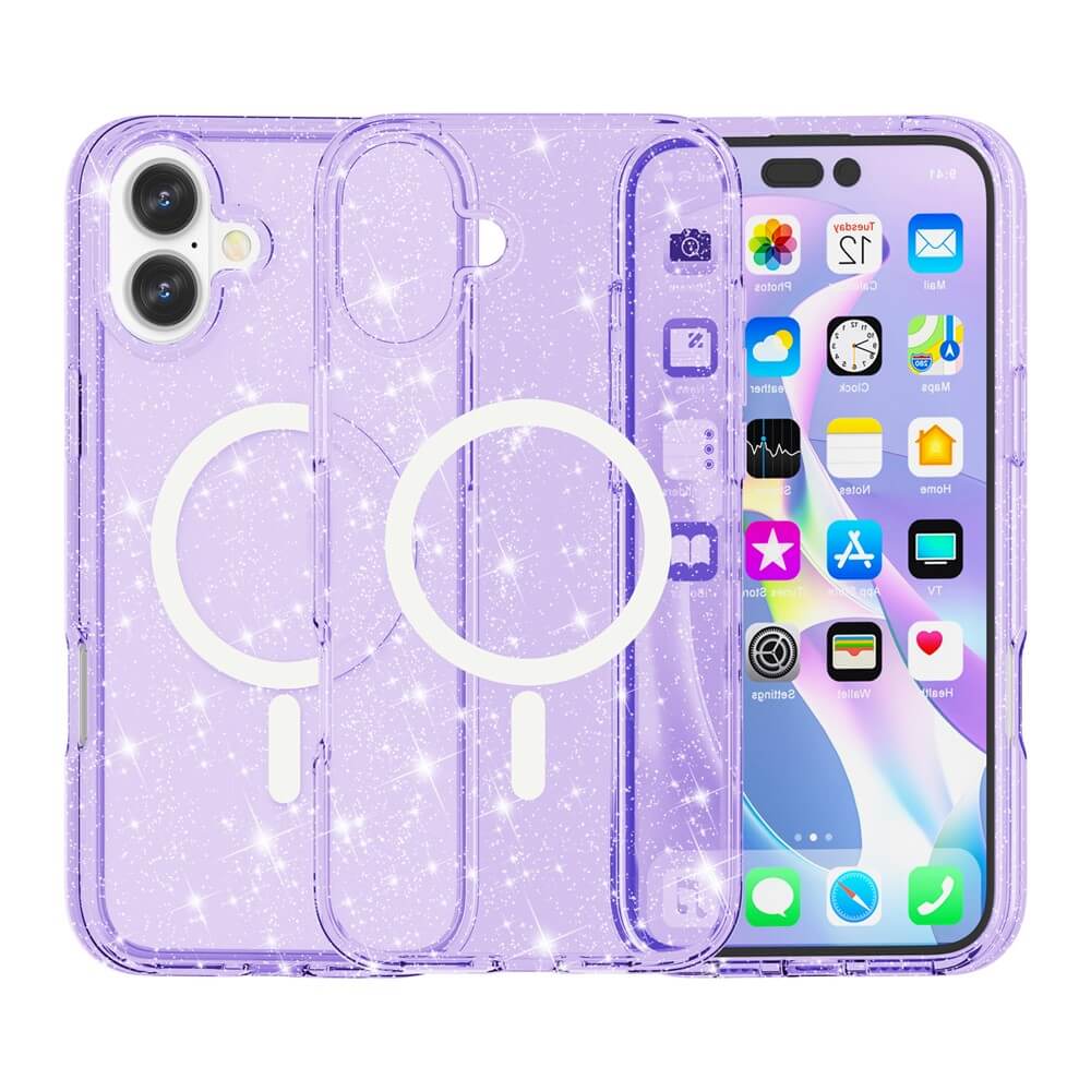 Drei Cover-Discount Glitzer Cases mit MagSafe in Lila werden auf einem iPhone 17 mit bunten App-Icons präsentiert.