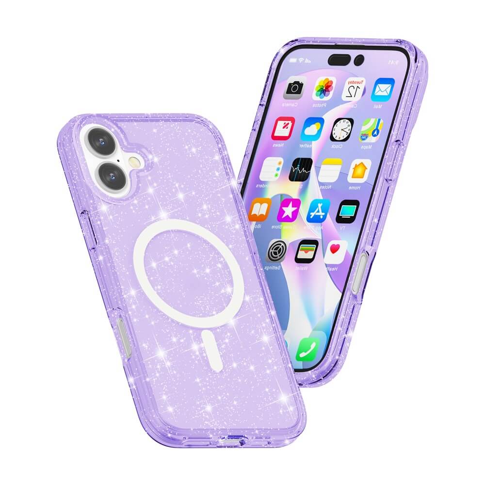 Zwei Cover-Discount Glitzer Cases mit MagSafe für iPhone 17 in Lila: Eine zeigt die funkelnde Rückseite, die andere die Vorderseite deines Smartphones.