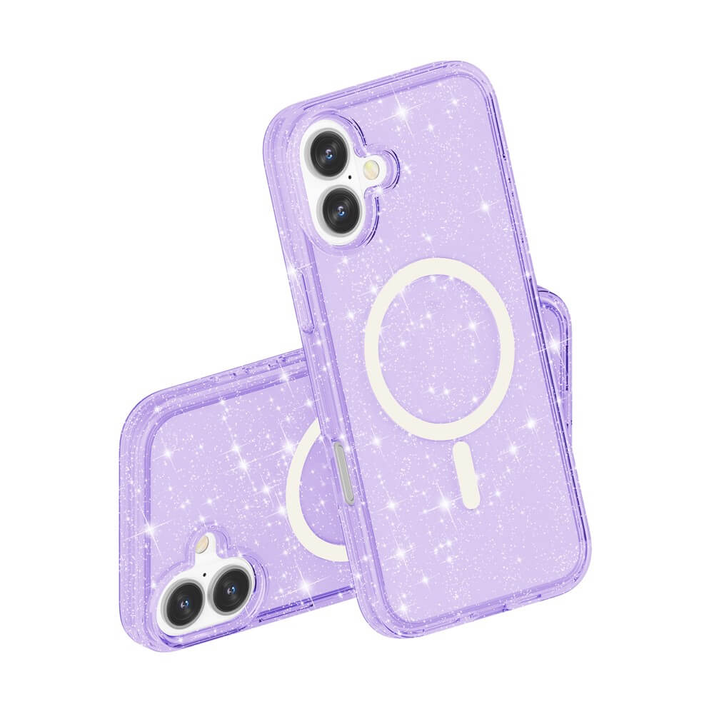 Zwei lilafarbene, glitzernde Cover-Discount iPhone 17 - Glitzer Case mit MagSafe Hüllen sind auf einem weißen Hintergrund gestapelt und ergänzen Ihr iPhone 17 perfekt.