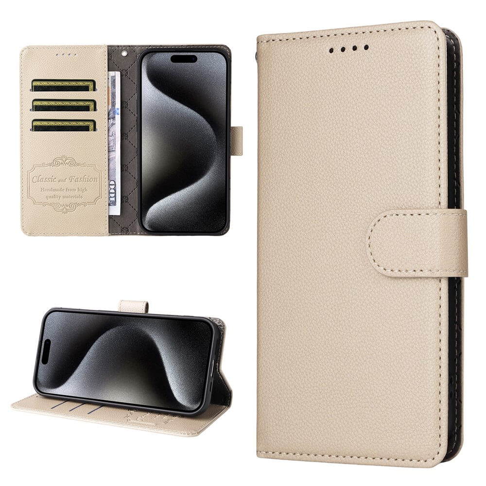 #farbe_beige|Die iPhone 17 Pro Lederoptik-Hülle mit strukturierter Oberfläche von Cover-Discount bietet Kartenfächer, RFID-Schutz, Magnetverschluss und Standfunktion - aus verschiedenen Blickwinkeln präsentiert.