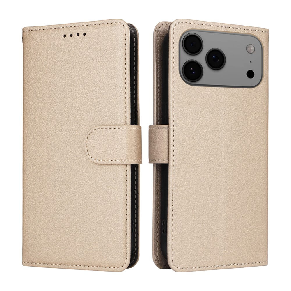 Die iPhone 17 Pro Lederoptik-Hülle mit strukturierter Oberfläche von Cover-Discount bietet Brieftaschenfunktion, wird vorne und hinten geschlossen gezeigt und besitzt einen Kameraausschnitt auf der Rückseite.