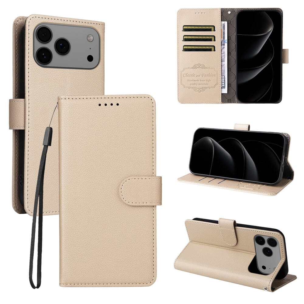 Cover-Discount iPhone 17 Pro Lederoptik-Hülle mit strukturierter Oberfläche: Brieftaschenfunktion, Kartenfächer, Trageriemen und Standfunktion - aus verschiedenen Perspektiven dargestellt.