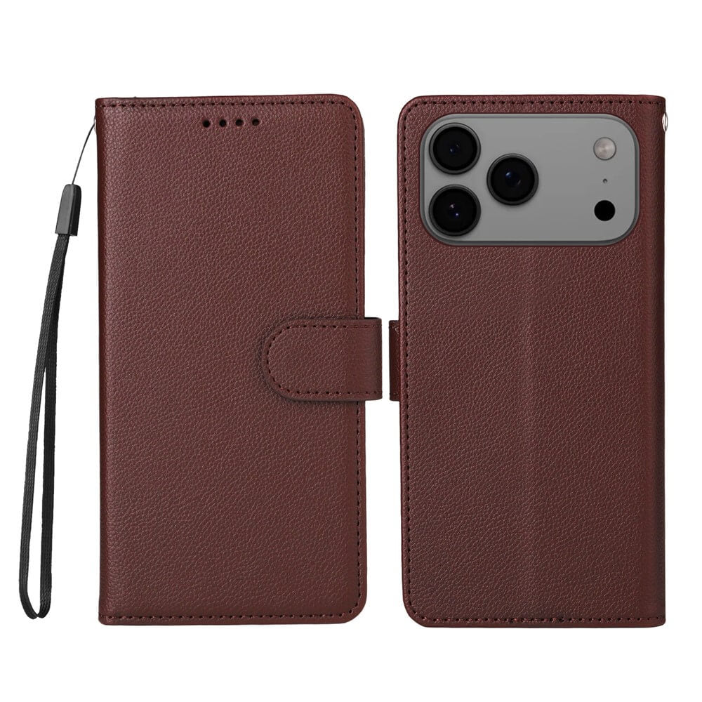 Die Cover-Discount iPhone 17 Pro Lederoptik-Hülle mit strukturierter Oberfläche bietet Brieftaschenfunktion und Handgelenkriemen, offen gezeigt mit sichtbarem Frontcover und Handyfach.