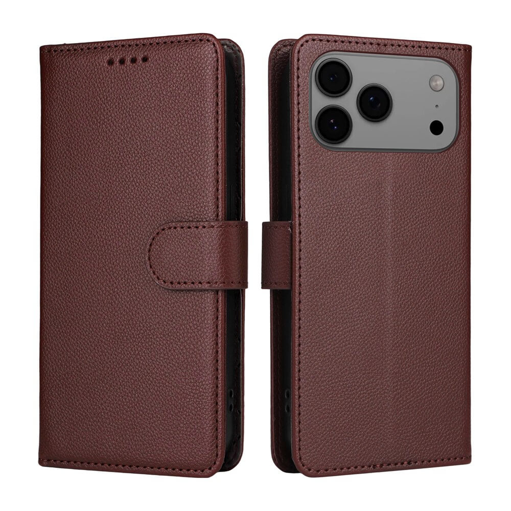 Die Cover-Discount iPhone 17 Pro Lederoptik-Hülle mit strukturierter Oberfläche bietet Brieftaschenfunktion, Kartenfach mit RFID-Schutz und Kameraausschnitt; geöffnet und geschlossen sowie das Handy innen sichtbar.