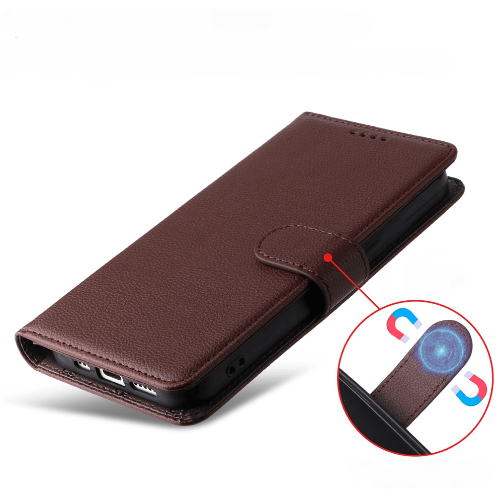 Cover-Discount iPhone 17  Pro Lederoptik-Hülle mit strukturierter Oberfläche, geschlossen gezeigt mit magnetischem Verschluss und Fokus auf die sichere Magnetfunktion.