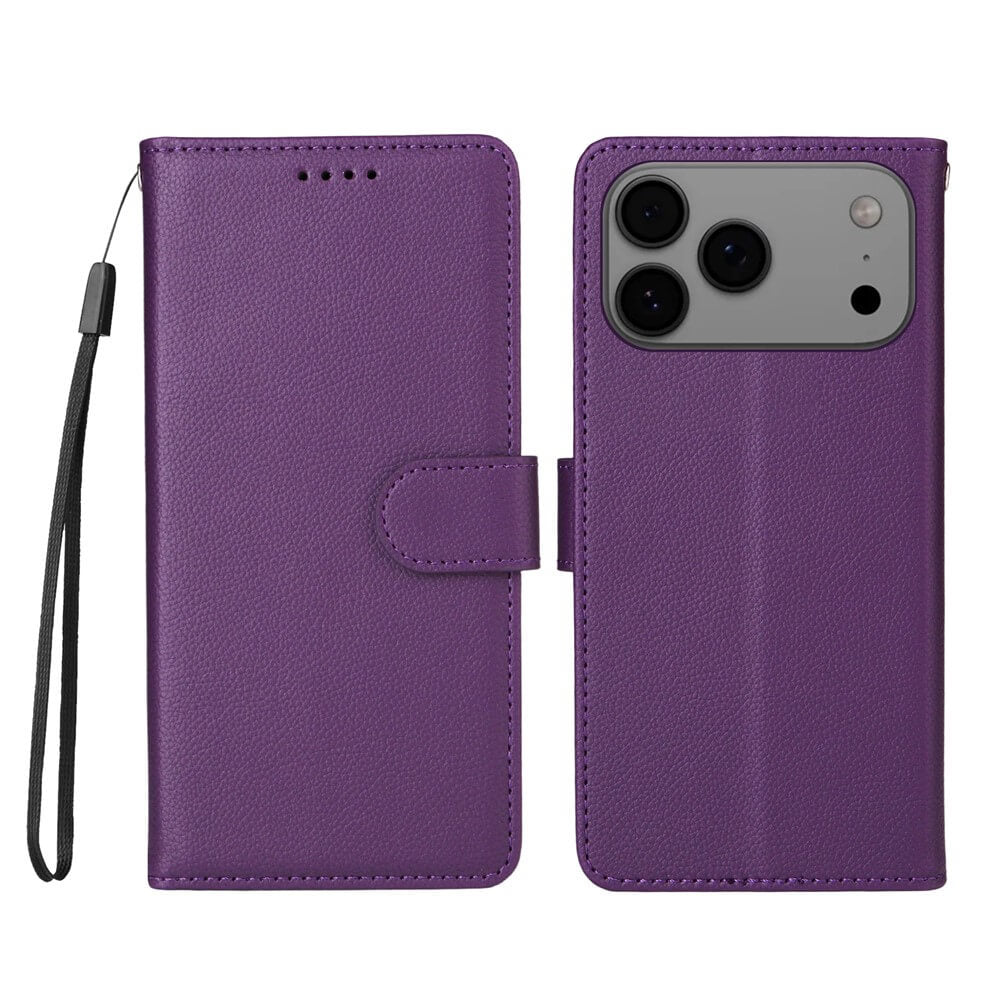 Die Cover-Discount iPhone 17 Pro Lederoptik-Hülle mit strukturierter Oberfläche verfügt über Brieftaschenfunktion, RFID-Schutz, eine Handschlaufe und wird geöffnet gezeigt, um sowohl das Telefon als auch die Hülle zu zeigen.
